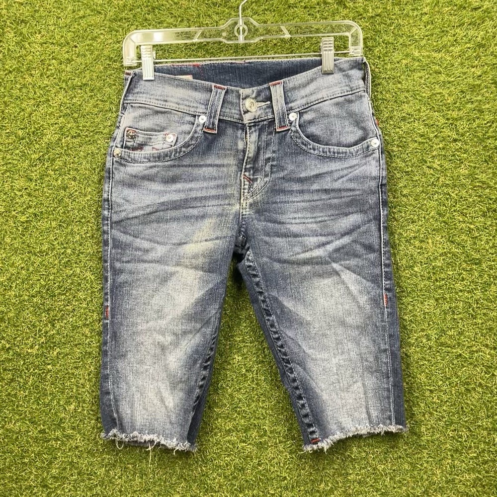 True Religion Ricky Jean Shorts Mens 27 No Flap Raw Hem Distressed Dark Wash Y2K
